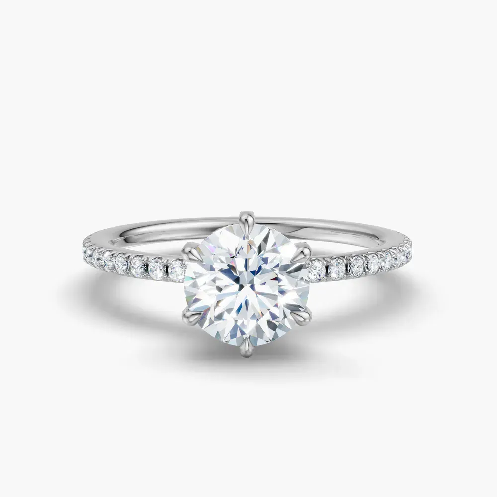 Certified 1 carat Lab Grown Diamond Round Cut Pavé, Hidden Halo, Six Prong Engagement Ring in 14K White Gold-Elite Daphne