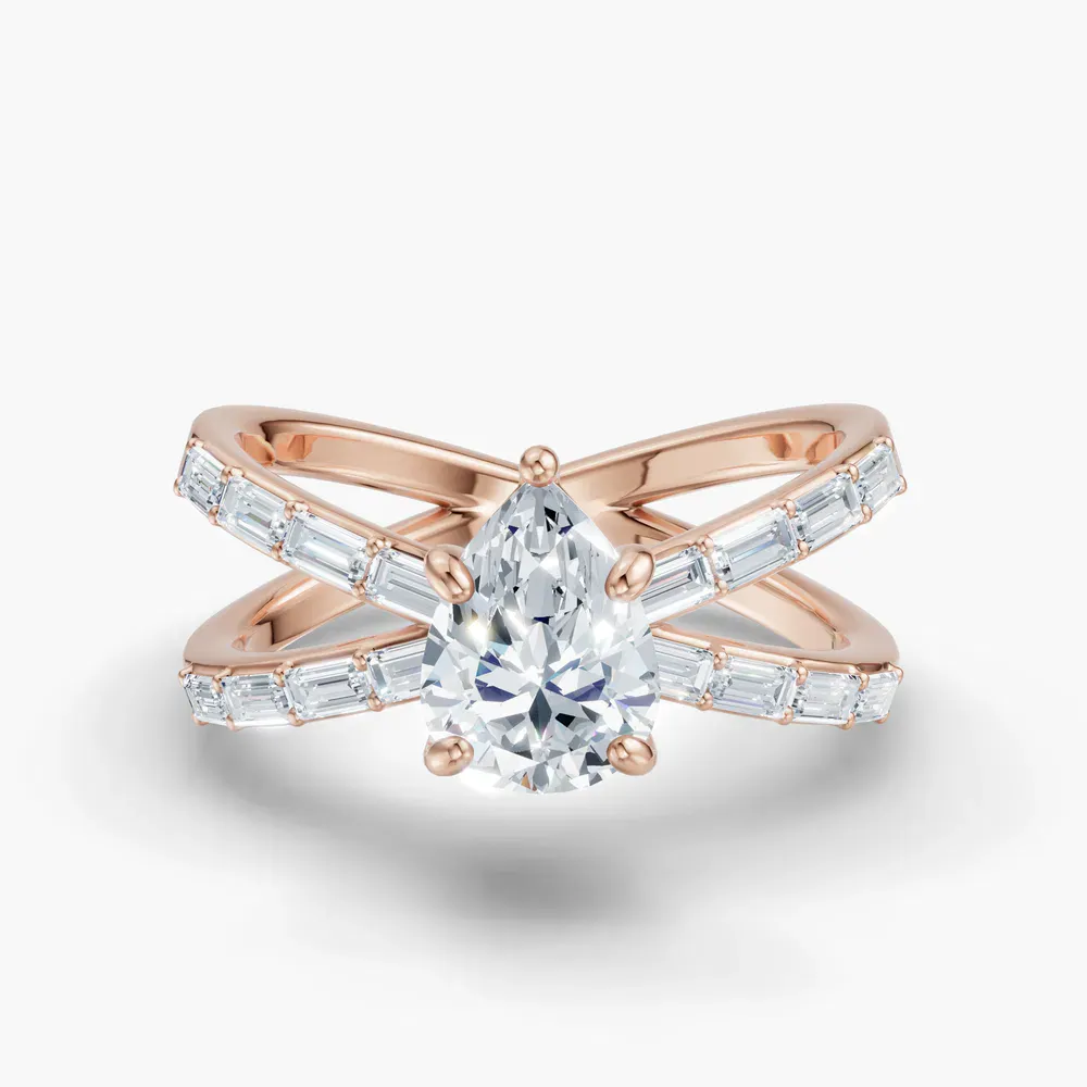 Certified 1 carat Lab Grown Diamond Pear Cut Baguette, Unique, Split Shank Engagement Ring in 14K Rose Gold-Luminara
