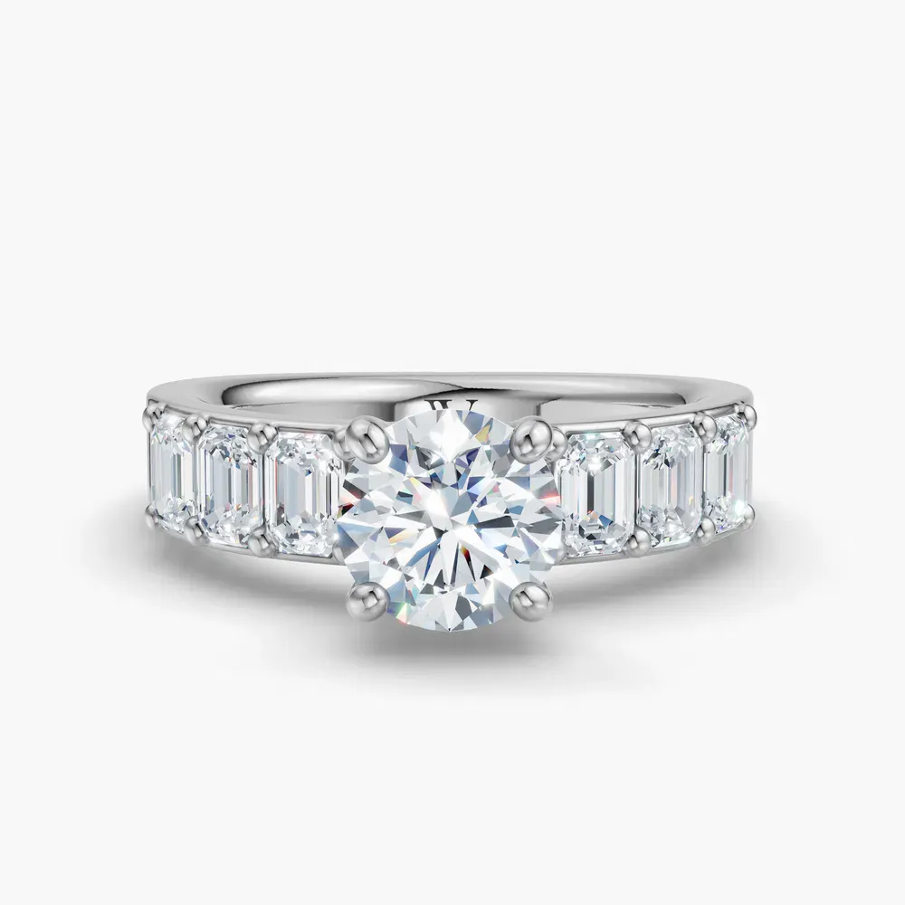 Certified 1 carat Lab Grown Diamond Round Cut Four Prong, Side Stone Engagement Ring in 14K White Gold-Novalis