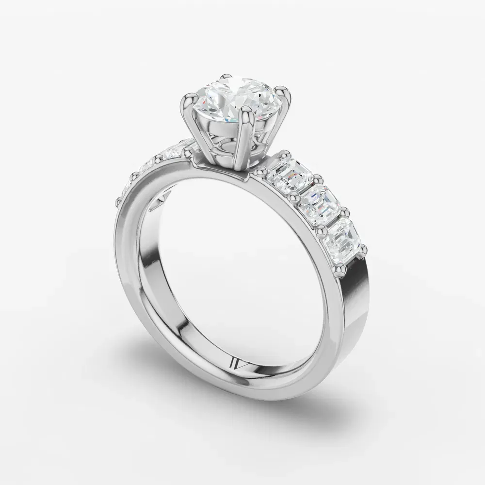 Certified 1 carat Lab Grown Diamond Round Cut Four Prong, Side Stone Engagement Ring in 14K White Gold-Novalis
