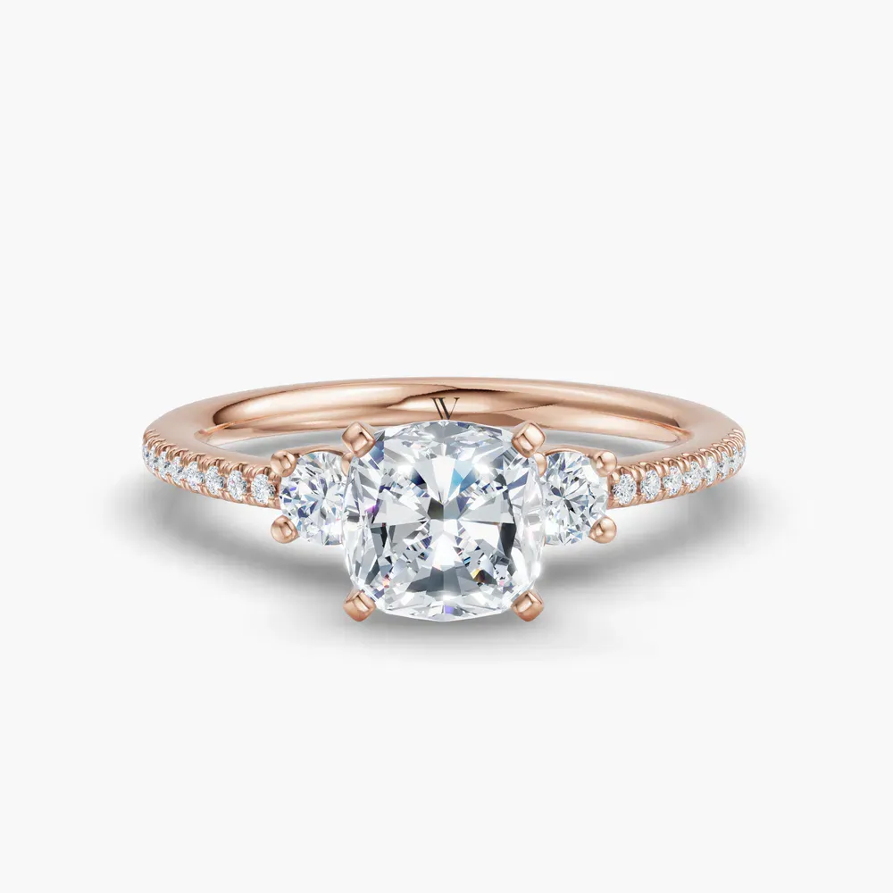 Certified 1 carat Lab Grown Diamond Cushion Cut Three Stone, Pavé, Side Stone Engagement Ring in 14K Rose Gold-Vynix
