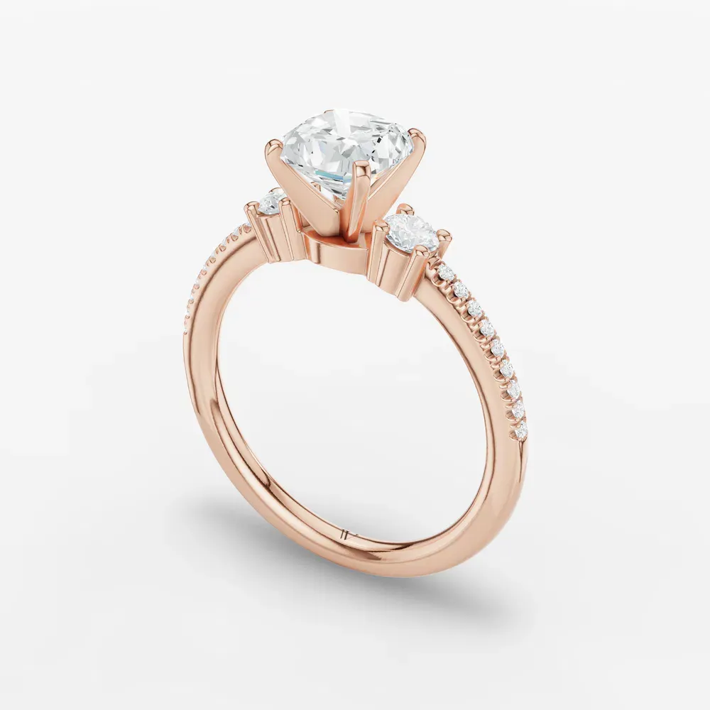 Certified 1 carat Lab Grown Diamond Cushion Cut Three Stone, Pavé, Side Stone Engagement Ring in 14K Rose Gold-Vynix