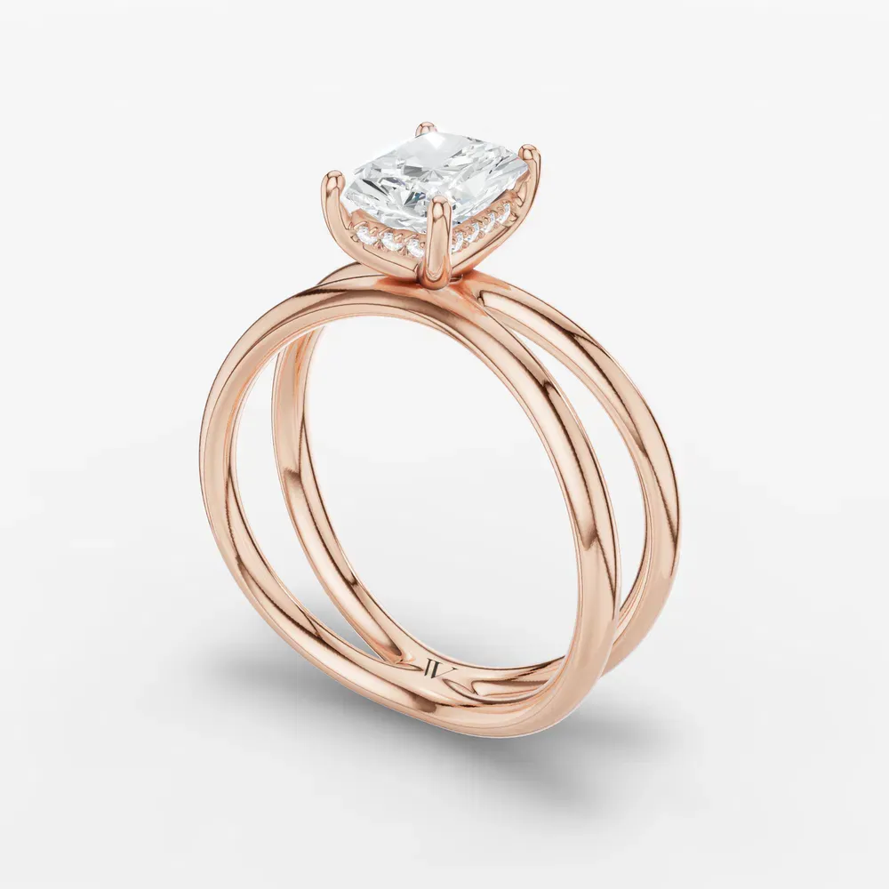 Certified 1 carat Lab Grown Diamond Radiant Cut Solitaire, Split Shank, Hidden Halo Engagement Ring in 14K Rose Gold-Ryn