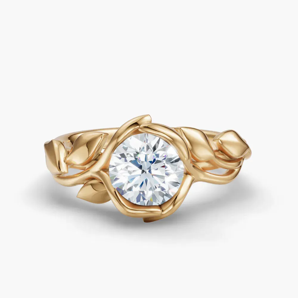 Certified 1 carat Lab Grown Diamond Round Cut Solitaire, Nature inspired, Unique Engagement Ring in 14K Yellow Gold-Evelyn