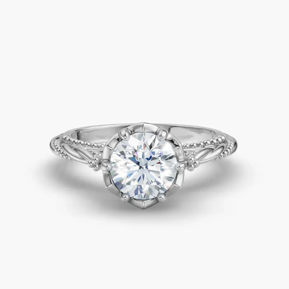 Certified 1 carat Lab Grown Diamond Round Cut Solitaire, Milgrain, Vintage Engagement Ring in 14K White Gold-Thistle