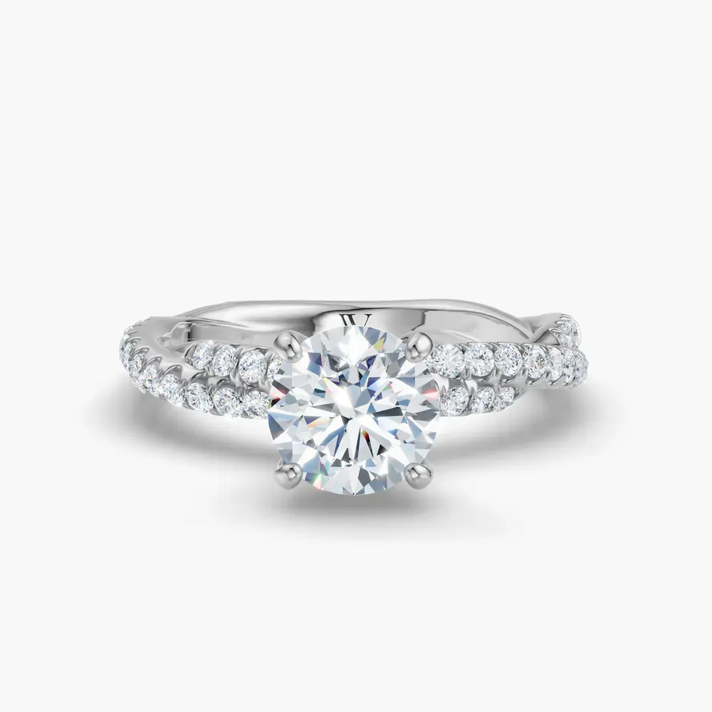Certified 1 carat Natural Diamond Round Cut Pavé, Twist, Four Prong Engagement Ring in 14K White Gold-Alva