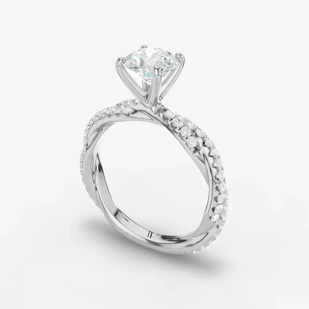 Certified 1 carat Natural Diamond Round Cut Pavé, Twist, Four Prong Engagement Ring in 14K White Gold-Alva