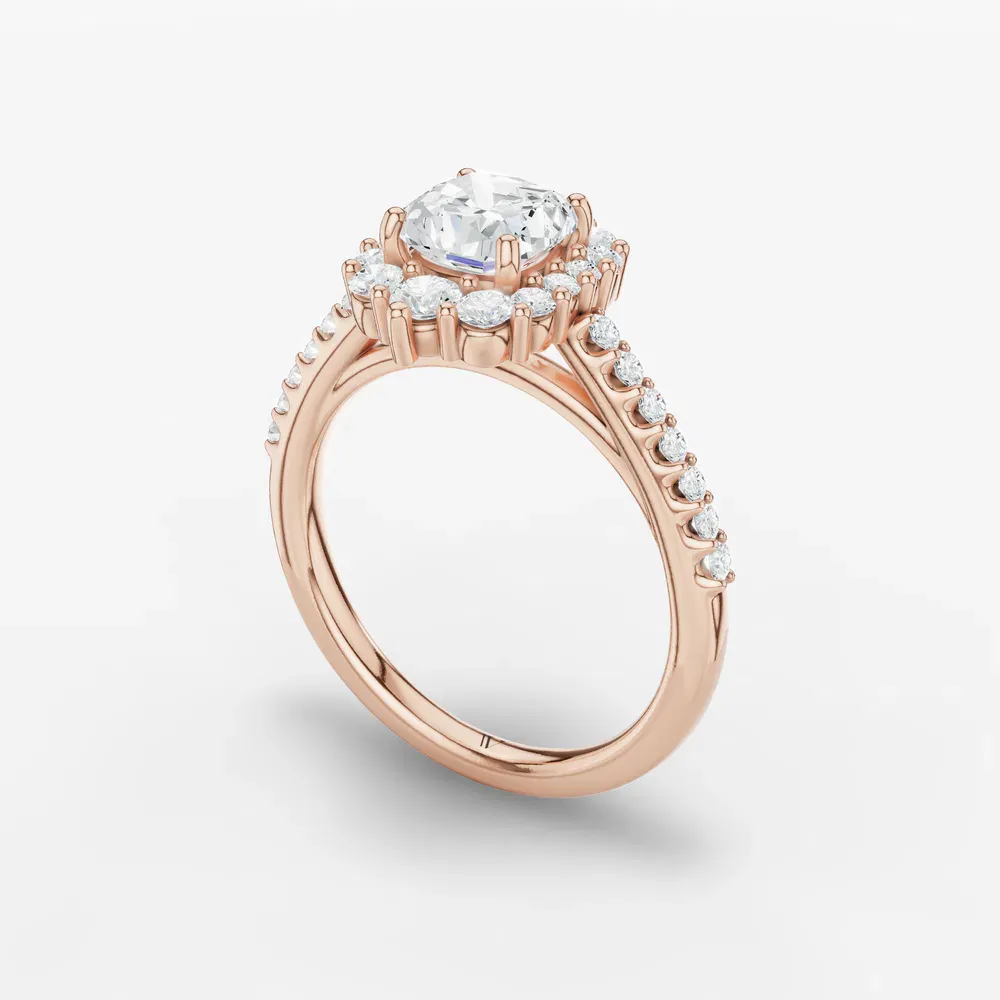 Certified 1 carat Natural Diamond Cushion Cut Pavé, Halo, Cathedral Engagement Ring in 14K Rose Gold-Mirey