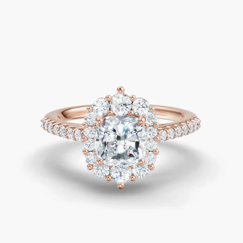 Certified 1 carat Natural Diamond Cushion Cut Pavé, Halo, Cathedral Engagement Ring in 14K Rose Gold-Mirey