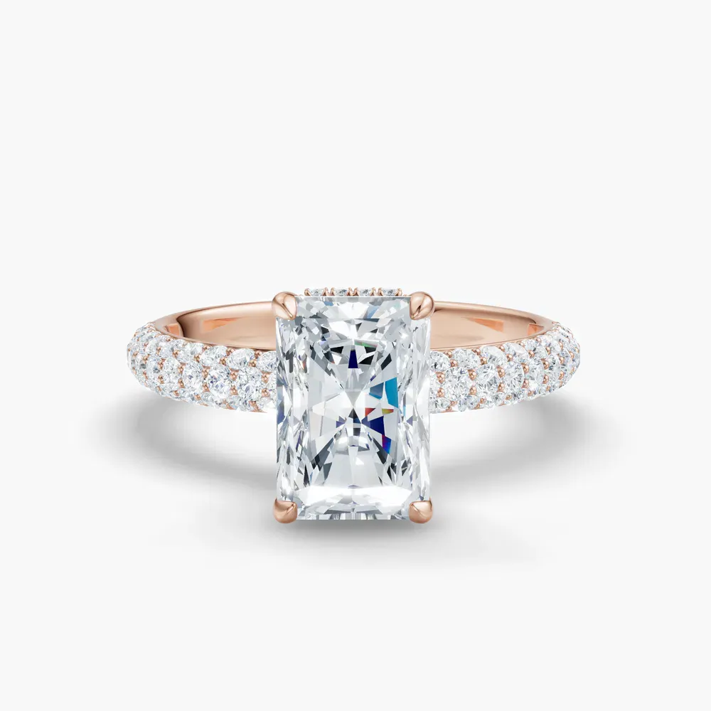 Certified 1 carat Natural Diamond Radiant Cut Pavé, Hidden Halo Engagement Ring in 14K Rose Gold-Lyre