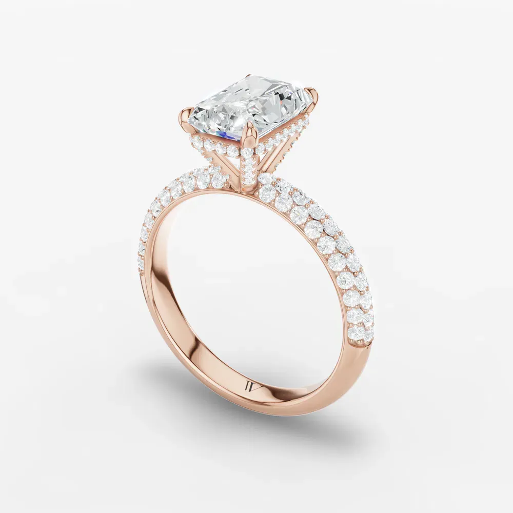 Certified 1 carat Natural Diamond Radiant Cut Pavé, Hidden Halo Engagement Ring in 14K Rose Gold-Lyre