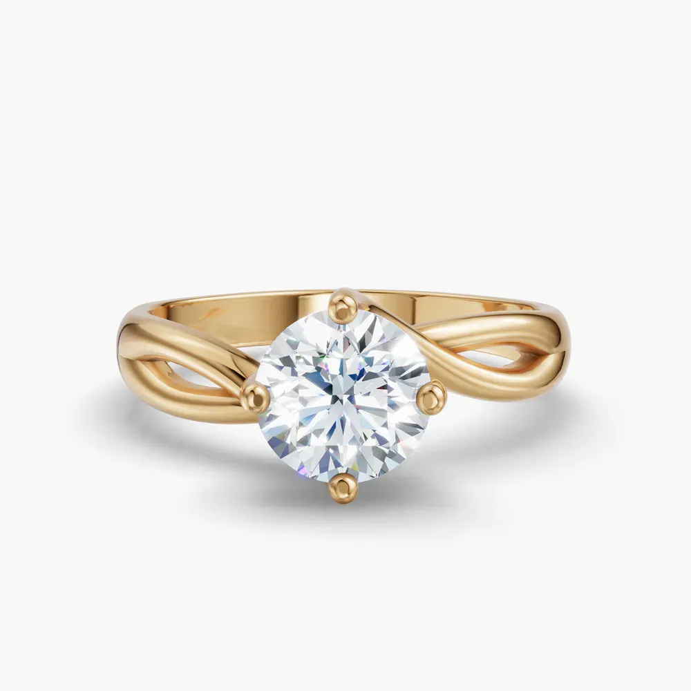 Certified 1 carat Natural Diamond Round Cut Solitaire, Split Shank, Twist Engagement Ring in 14K Yellow Gold-Ruby