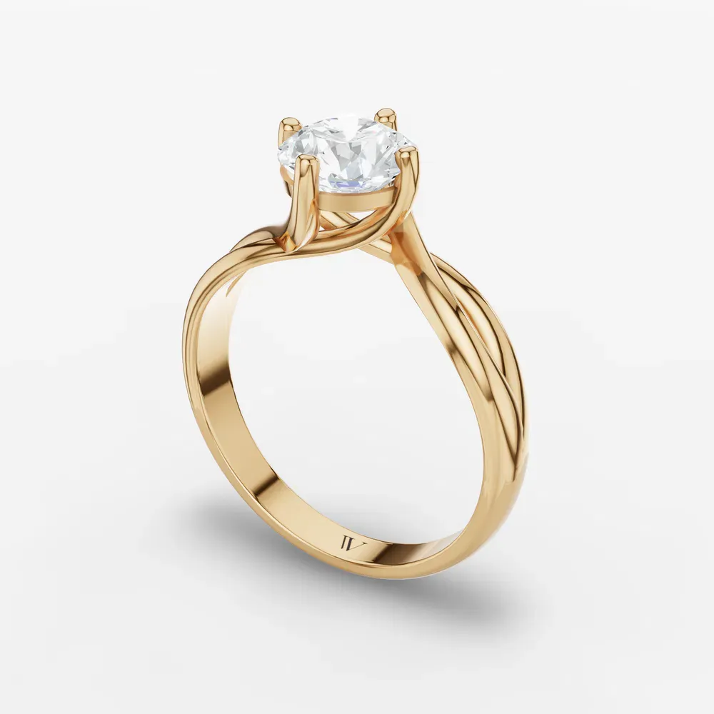 Certified 1 carat Natural Diamond Round Cut Solitaire, Split Shank, Twist Engagement Ring in 14K Yellow Gold-Ruby