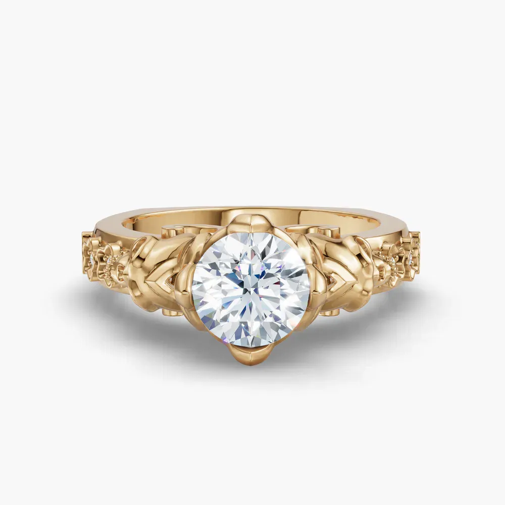 Certified 1 carat Natural Diamond Round Cut Gothic, Side Stone, Four Prong Engagement Ring in 14K Yellow Gold-Jovena