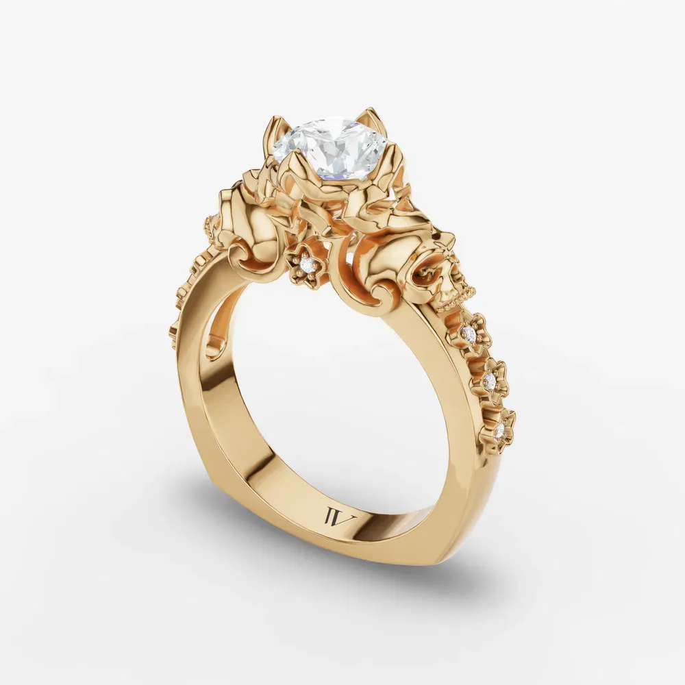 Certified 1 carat Natural Diamond Round Cut Gothic, Side Stone, Four Prong Engagement Ring in 14K Yellow Gold-Jovena
