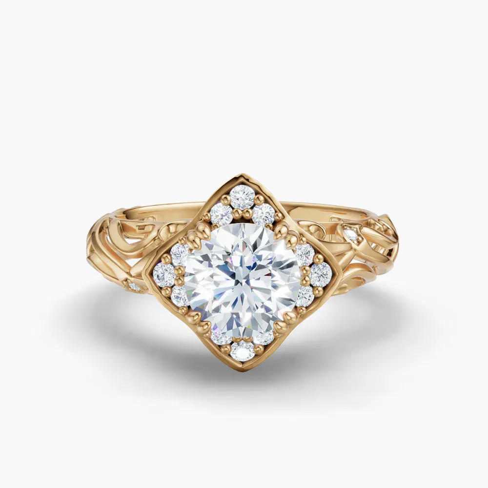 Certified 1 carat Natural Diamond Round Cut Halo, Unique, Twist Engagement Ring in 14K Yellow Gold-Larimar