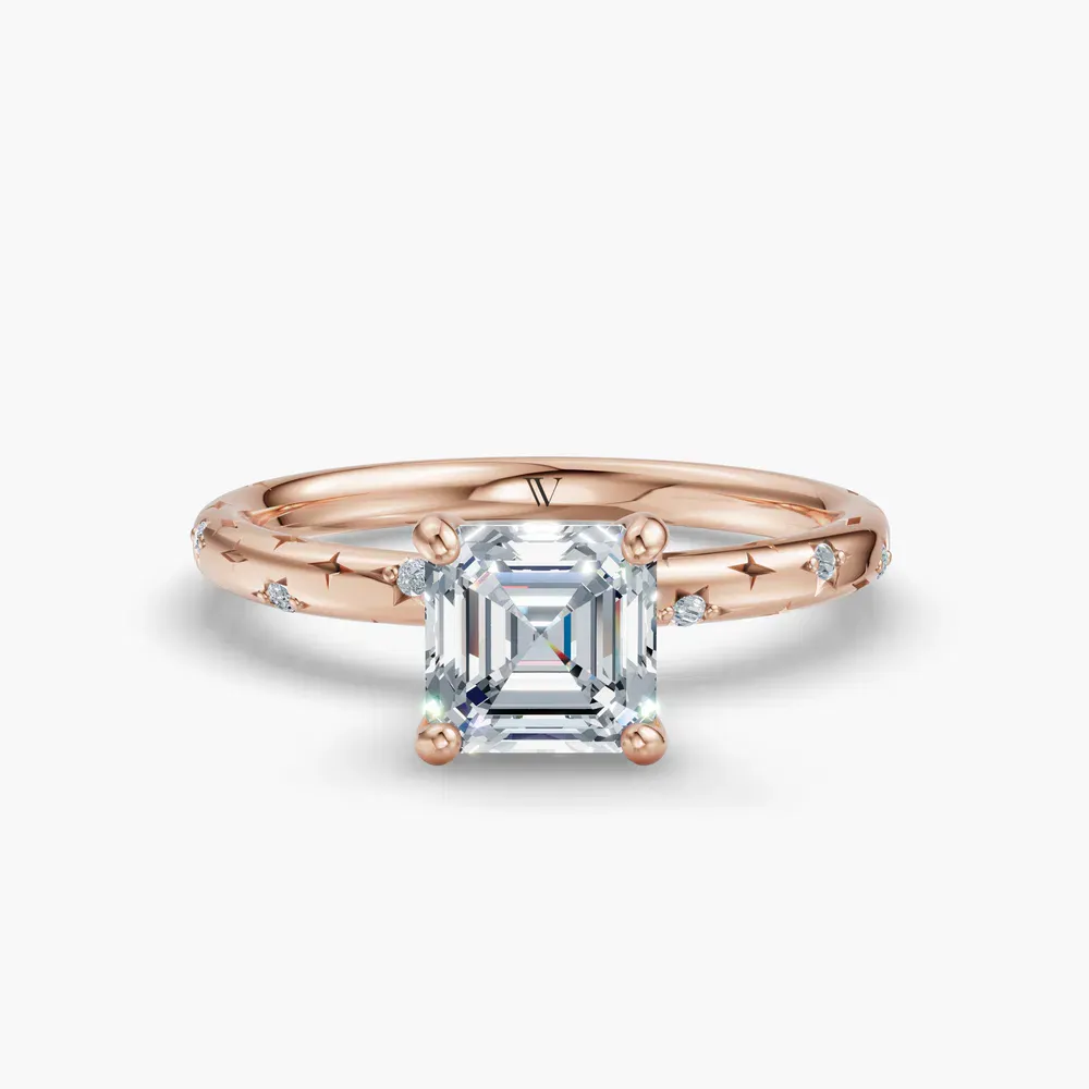 Certified 1 carat Natural Diamond Asscher Cut Hidden Halo, Unique, Side Stone Engagement Ring in 14K Rose Gold-Celestyn