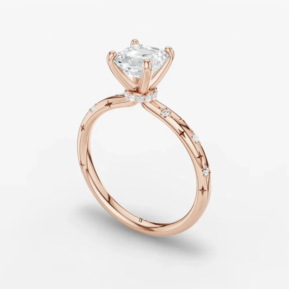 Certified 1 carat Natural Diamond Asscher Cut Hidden Halo, Unique, Side Stone Engagement Ring in 14K Rose Gold-Celestyn