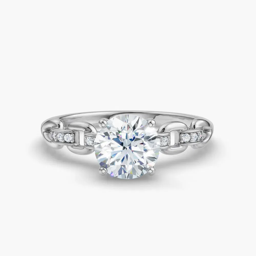 Certified 1 carat Natural Diamond Round Cut Twist, Unique, Side Stone Engagement Ring in 14K White Gold-Perenne