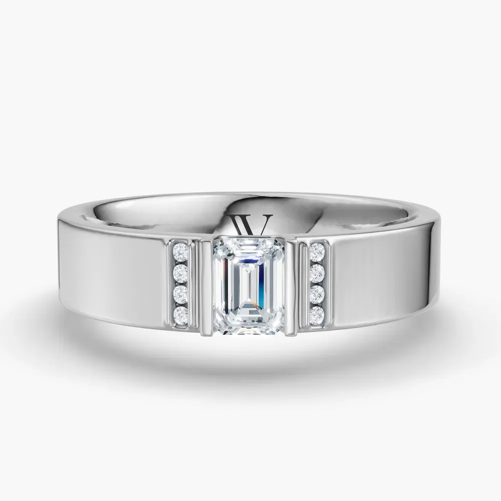 Certified 0.5 carat Natural Diamond Emerald Cut Men's Engagement Ring in 14K White Gold-Zirra