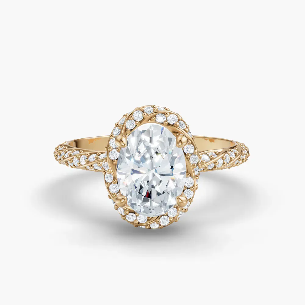 Certified 1 carat Natural Diamond Oval Cut Halo, Floral, Twist Engagement Ring in 14K Yellow Gold-Moxl