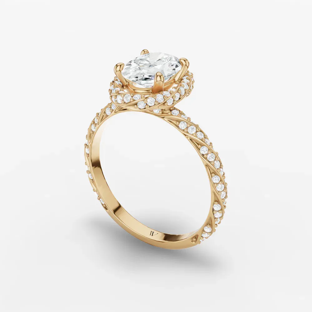Certified 1 carat Natural Diamond Oval Cut Halo, Floral, Twist Engagement Ring in 14K Yellow Gold-Moxl