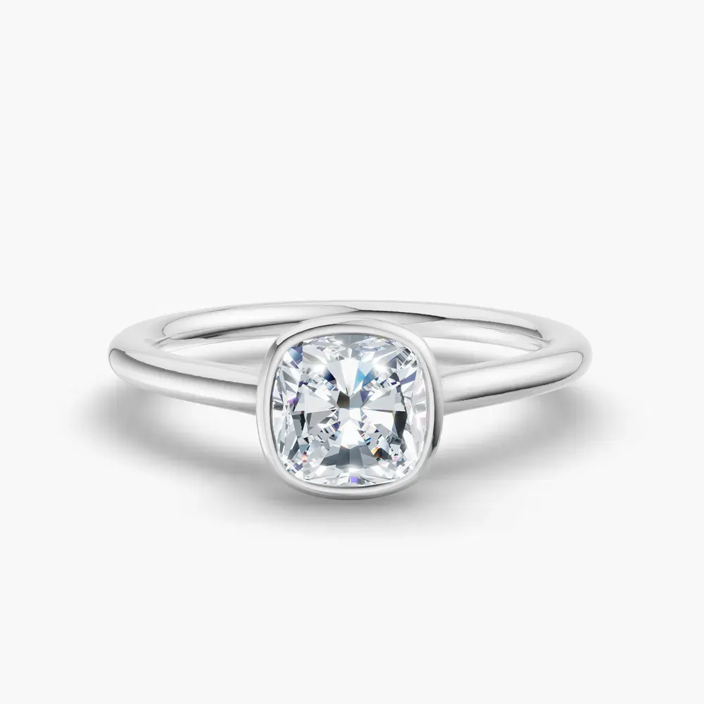 Certified 1 carat Lab Grown Diamond Cushion Cut Solitaire, Bezel, Cathedral Engagement Ring in 14K White Gold-Borvi