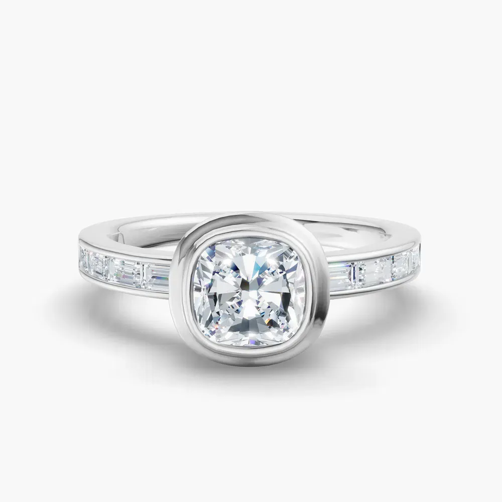 Certified 1 carat Lab Grown Diamond Cushion Cut Bezel, Channel Set, Art Deco Engagement Ring in 14K White Gold-Celeste